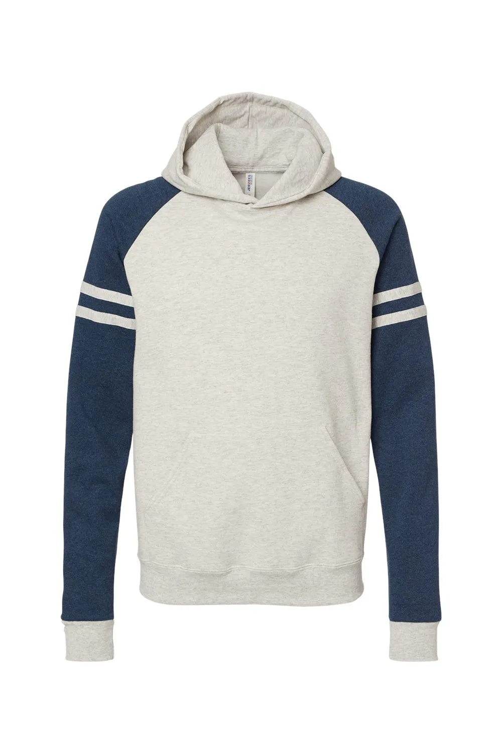 Jerzees Mens NuBlend Fleece Varsity Colorblock Hooded Sweatshirt Hoodie w/ Pouch Pocket - Heather Oatmeal/Indigo Blue