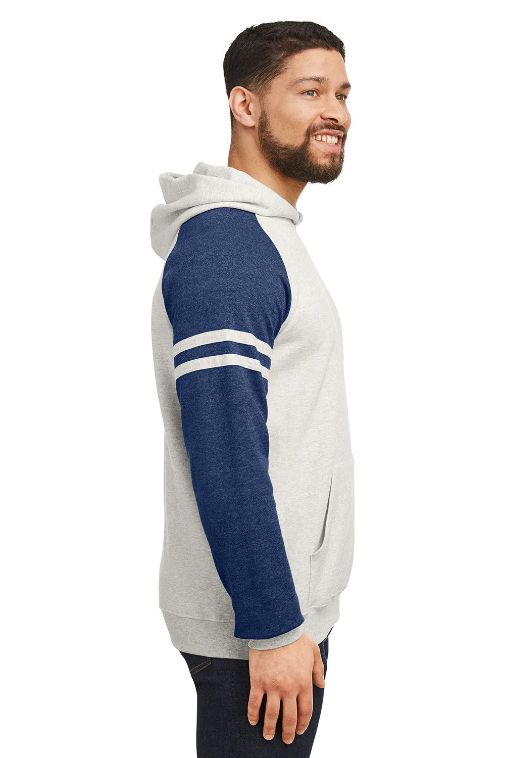 Jerzees Mens NuBlend Fleece Varsity Colorblock Hooded Sweatshirt Hoodie w/ Pouch Pocket - Heather Oatmeal/Indigo Blue