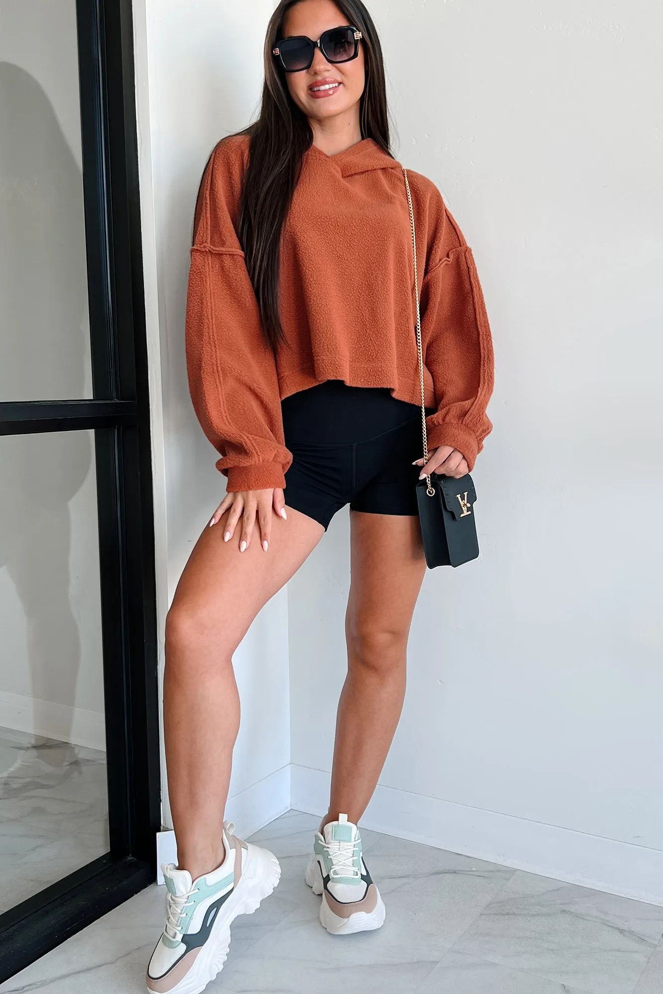 Left On Read Sherpa Fleece Crop Hoodie (Baked Clay)