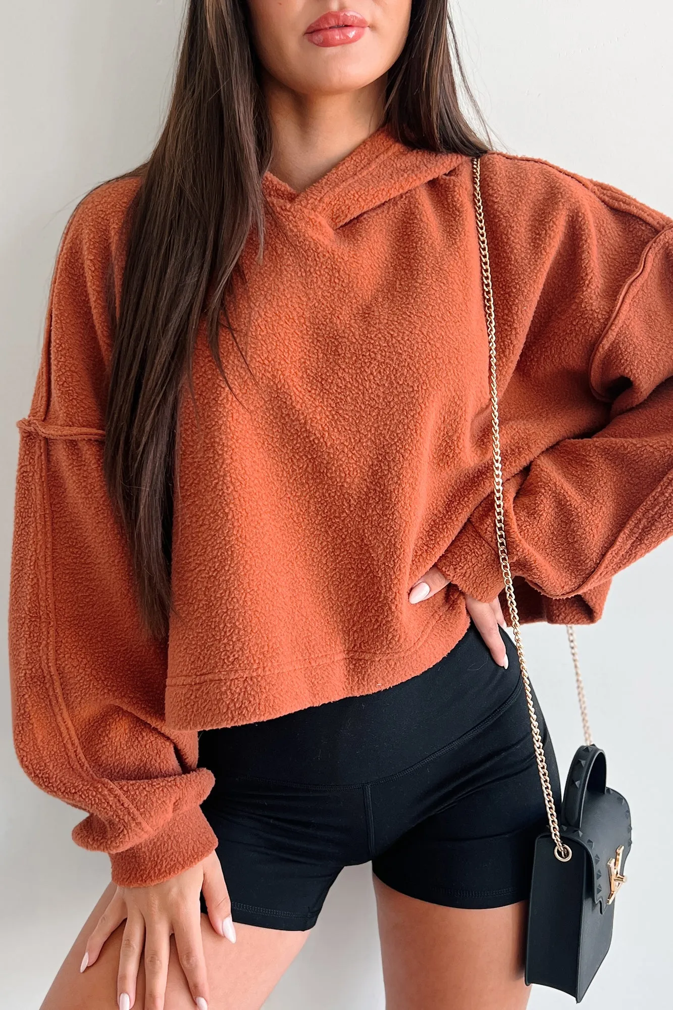 Left On Read Sherpa Fleece Crop Hoodie (Baked Clay)