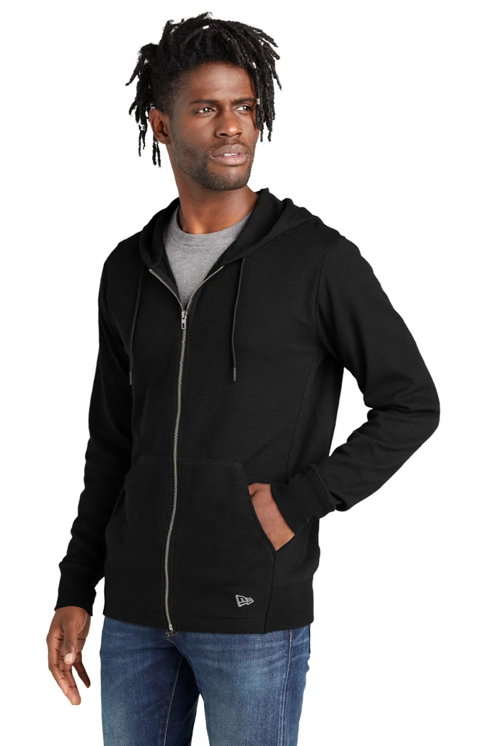 New Era Mens Thermal Full Zip Hooded Sweatshirt Hoodie w/ Pockets - Black