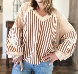 Oversized Striped Balloon Sleeve Top In Almond