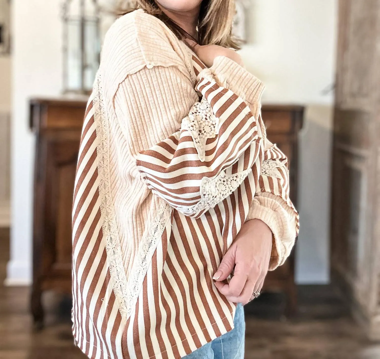 Oversized Striped Balloon Sleeve Top In Almond