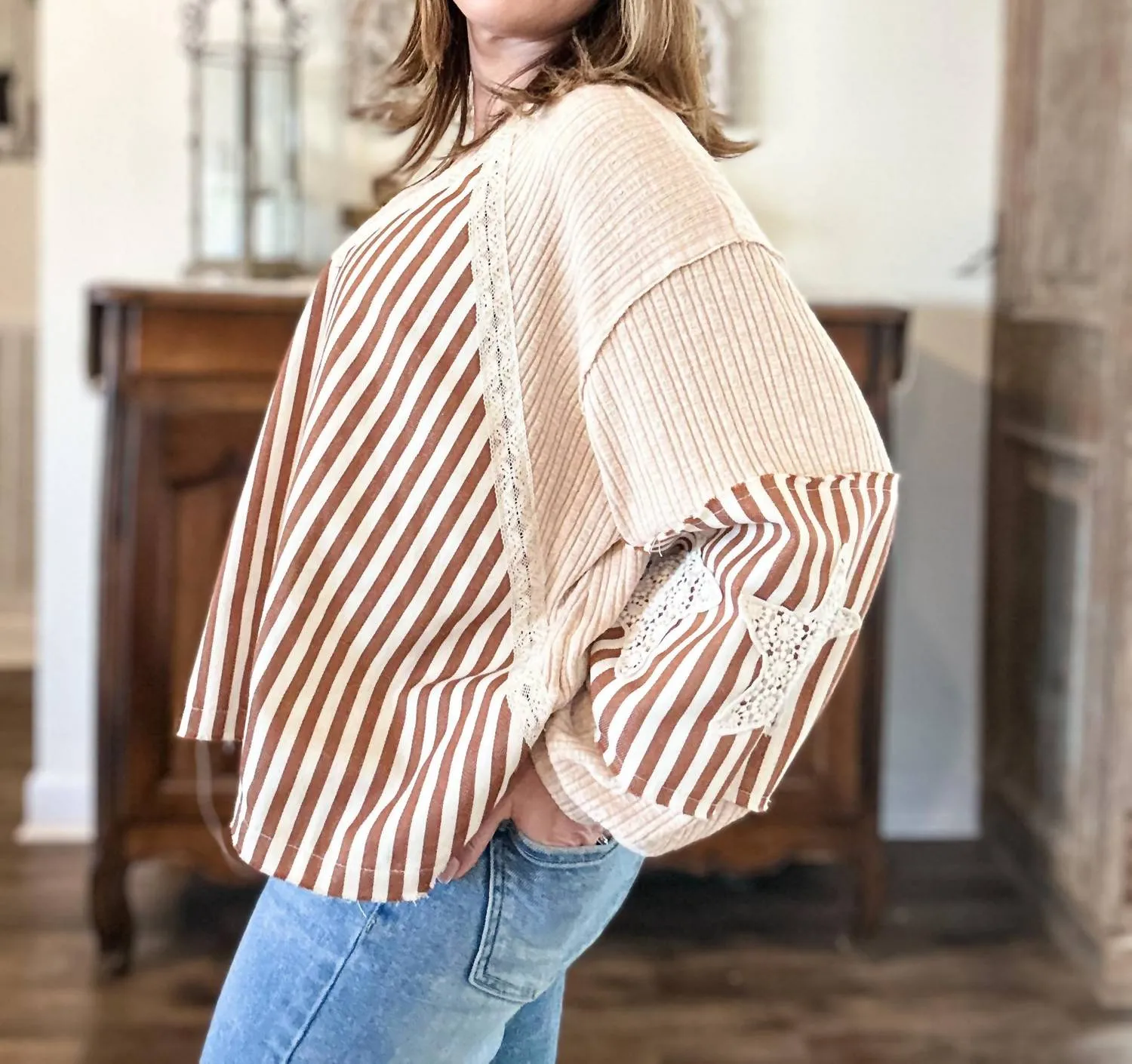 Oversized Striped Balloon Sleeve Top In Almond