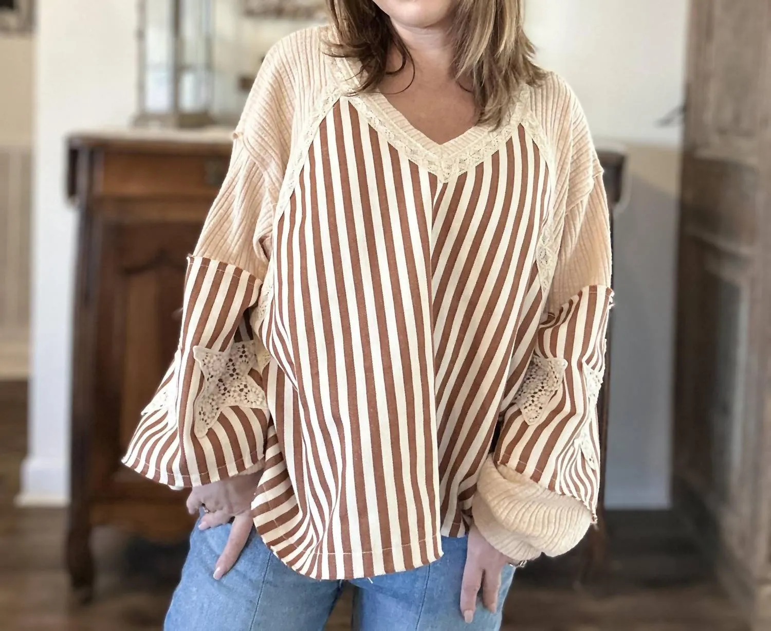 Oversized Striped Balloon Sleeve Top In Almond
