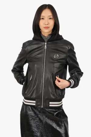 Philipp Plein Black Lambskin Hooded Bomber Jacket Size S Mens