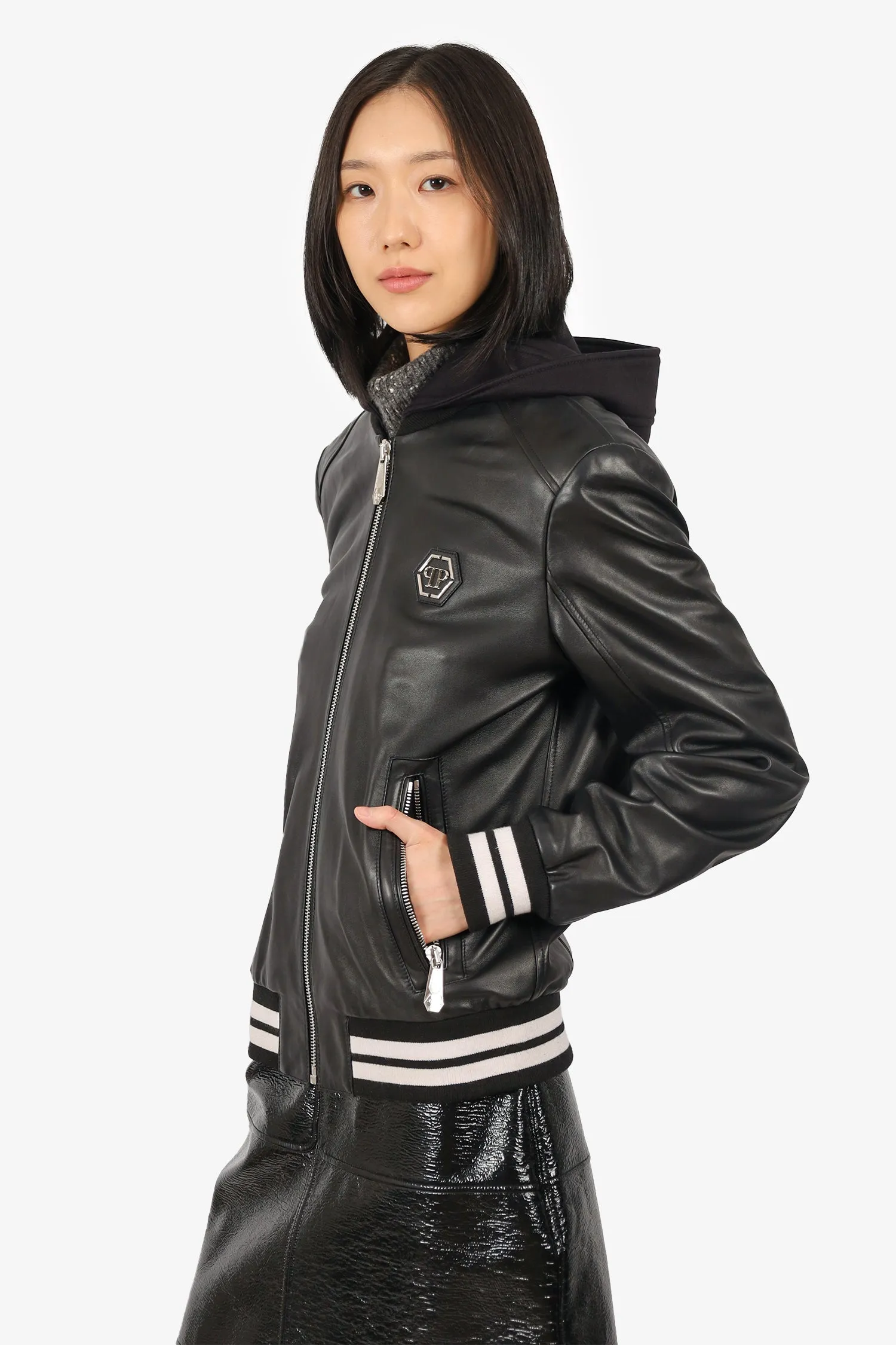 Philipp Plein Black Lambskin Hooded Bomber Jacket Size S Mens