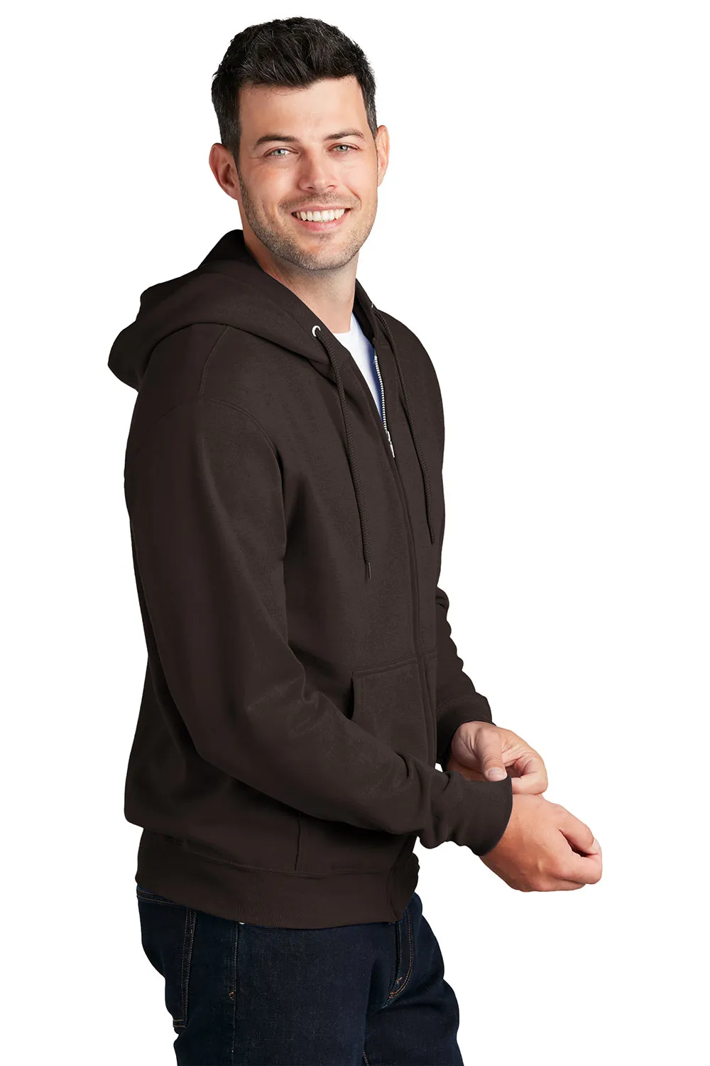 Port & Company Mens Core Pill Resistant Fleece Full Zip Hooded Sweatshirt Hoodie w/ Pockets - Dark Chocolate Brown