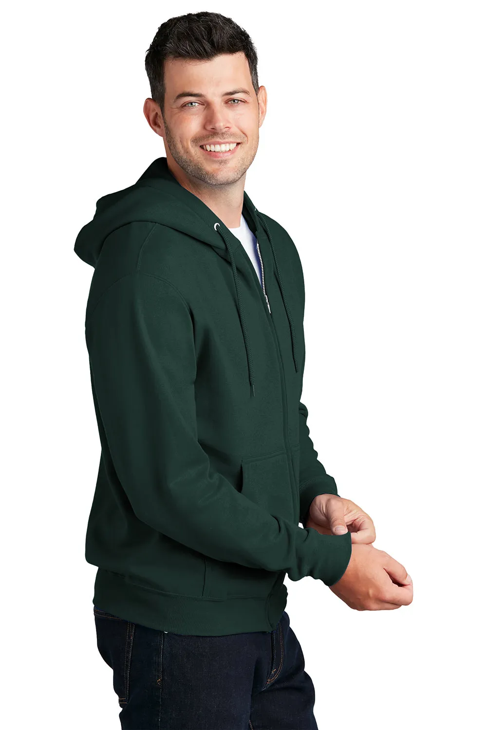 Port & Company Mens Core Pill Resistant Fleece Full Zip Hooded Sweatshirt Hoodie w/ Pockets - Dark Green