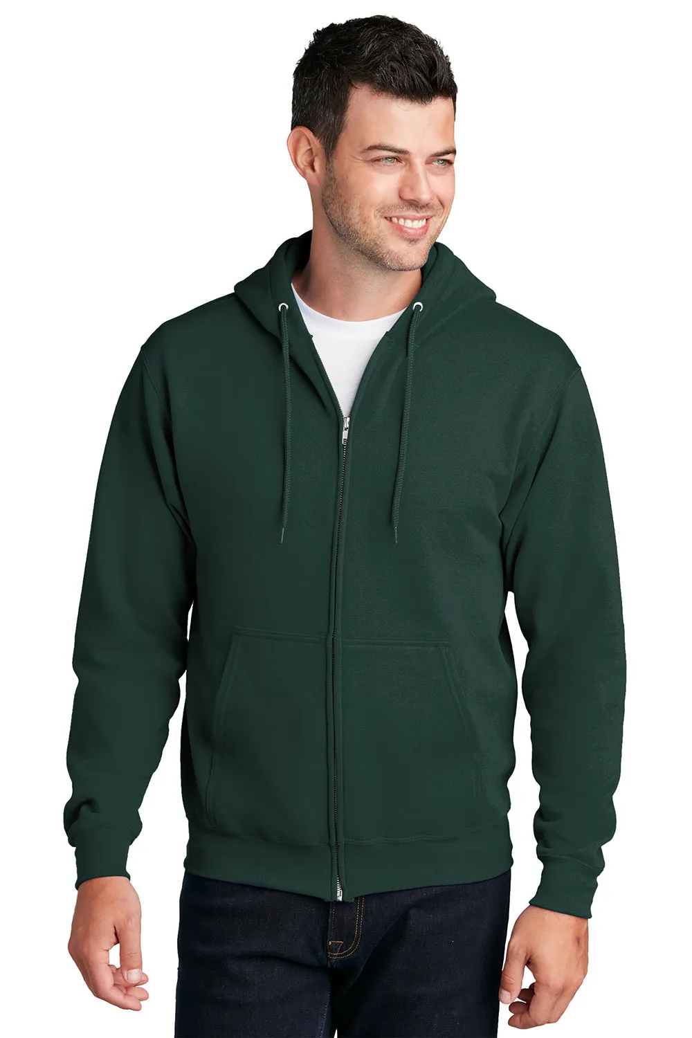 Port & Company Mens Core Pill Resistant Fleece Full Zip Hooded Sweatshirt Hoodie w/ Pockets - Dark Green