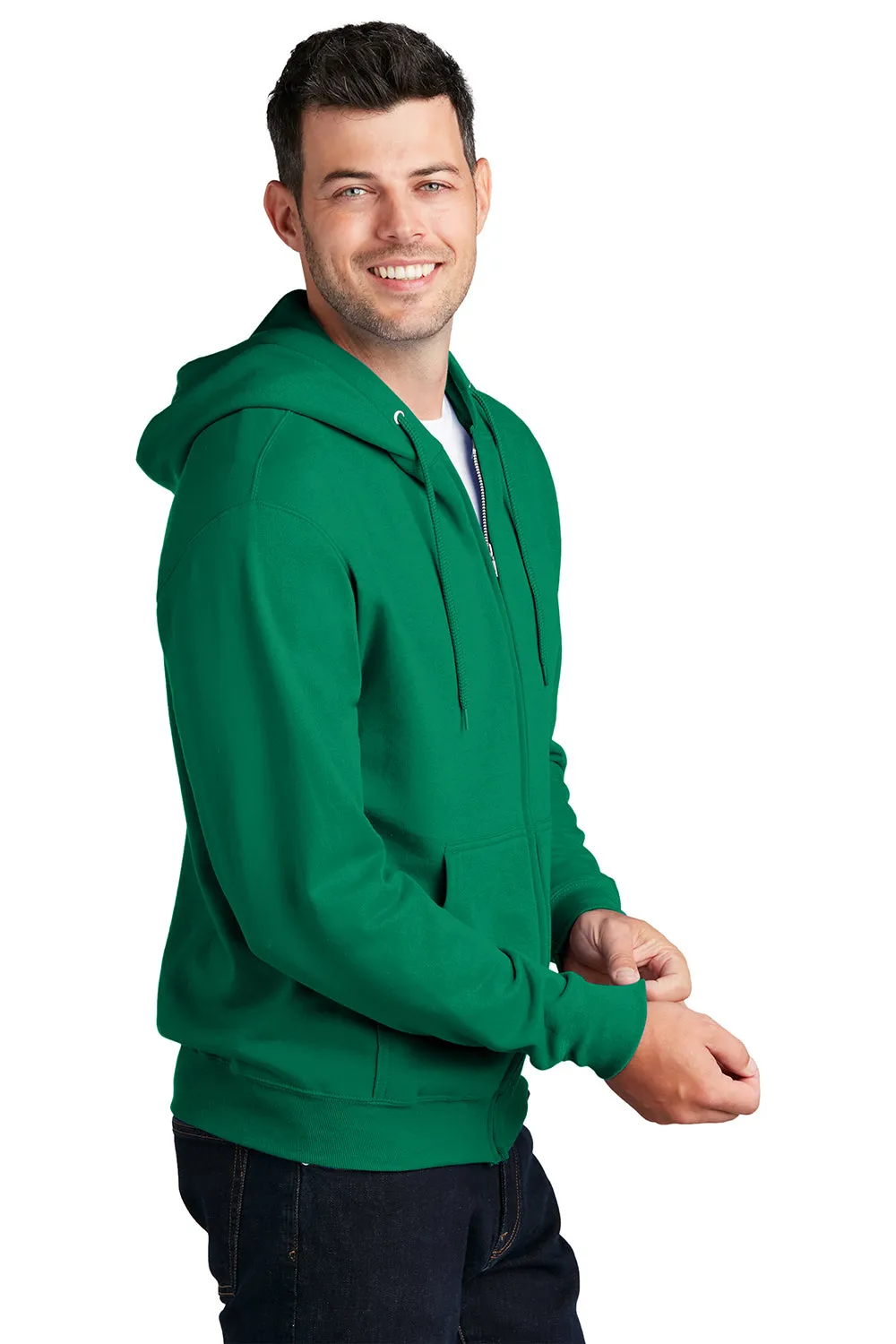 Port & Company Mens Core Pill Resistant Fleece Full Zip Hooded Sweatshirt Hoodie w/ Pockets - Kelly Green