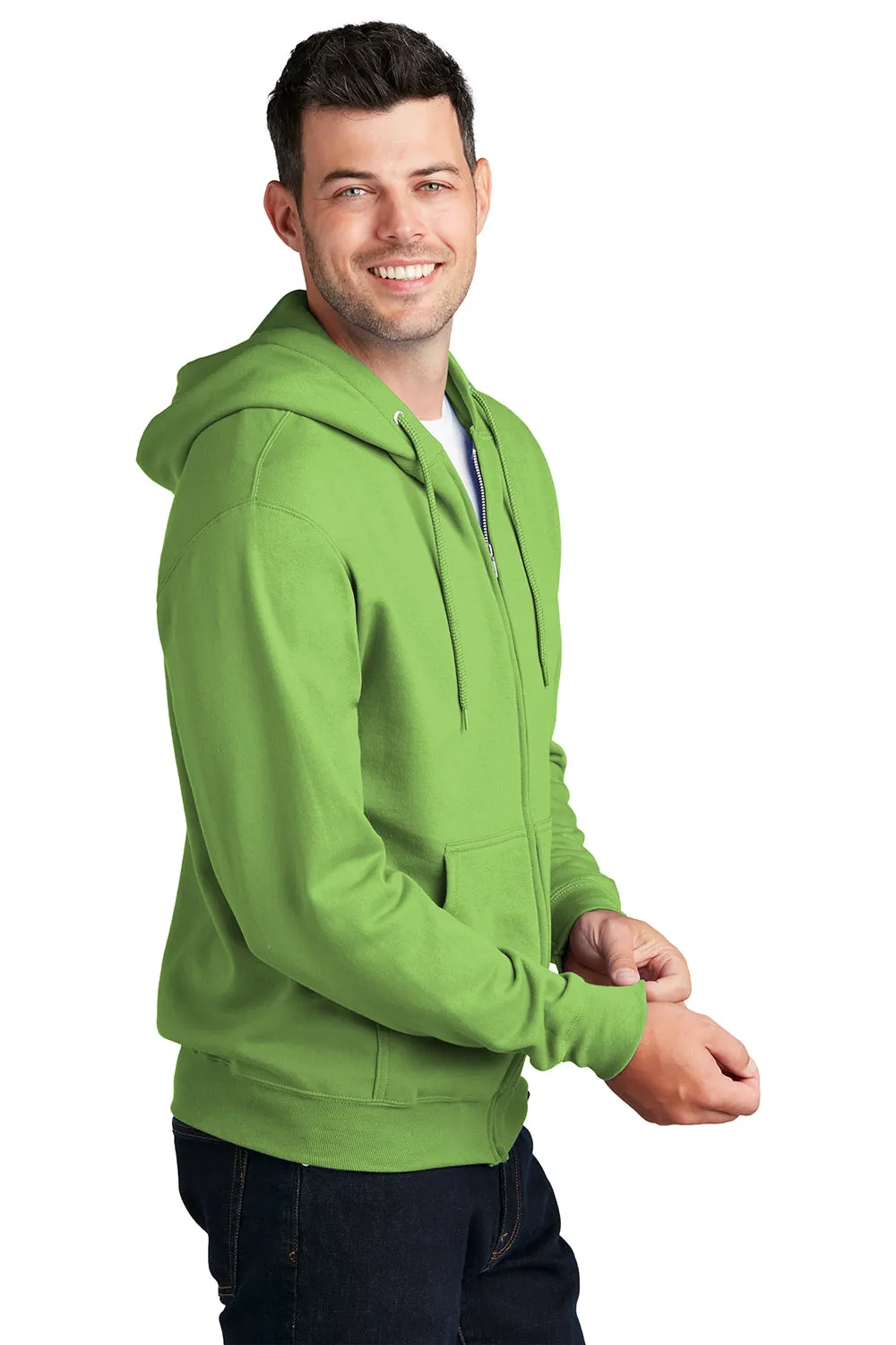 Port & Company Mens Core Pill Resistant Fleece Full Zip Hooded Sweatshirt Hoodie w/ Pockets - Lime Green