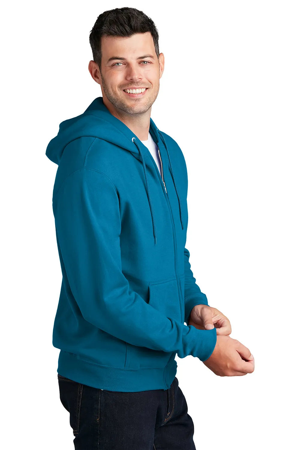 Port & Company Mens Core Pill Resistant Fleece Full Zip Hooded Sweatshirt Hoodie w/ Pockets - Neon Blue