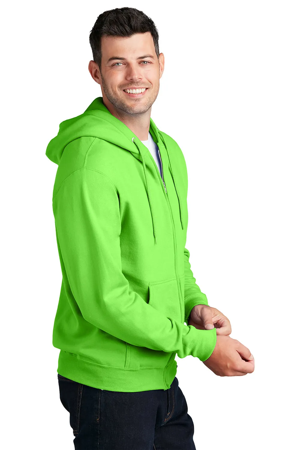 Port & Company Mens Core Pill Resistant Fleece Full Zip Hooded Sweatshirt Hoodie w/ Pockets - Neon Green