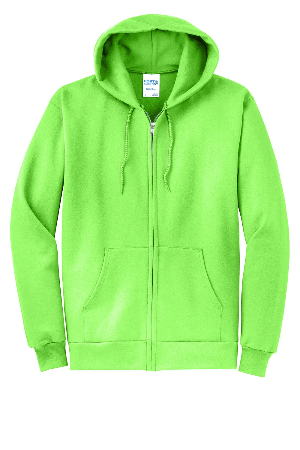 Port & Company Mens Core Pill Resistant Fleece Full Zip Hooded Sweatshirt Hoodie w/ Pockets - Neon Green