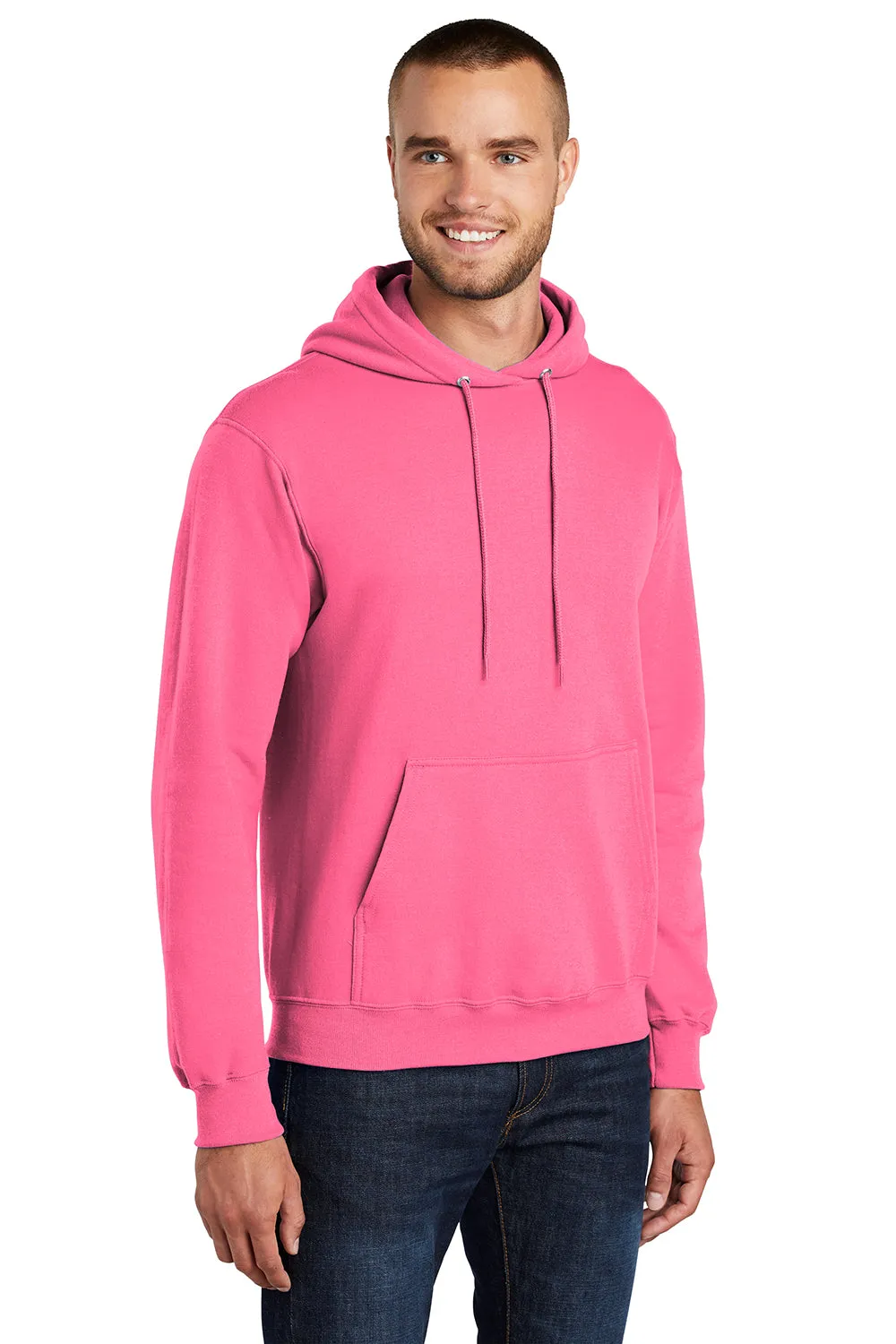 Port & Company Mens Core Pill Resistant Fleece Hooded Sweatshirt Hoodie w/ Pouch Pocket - Neon Pink