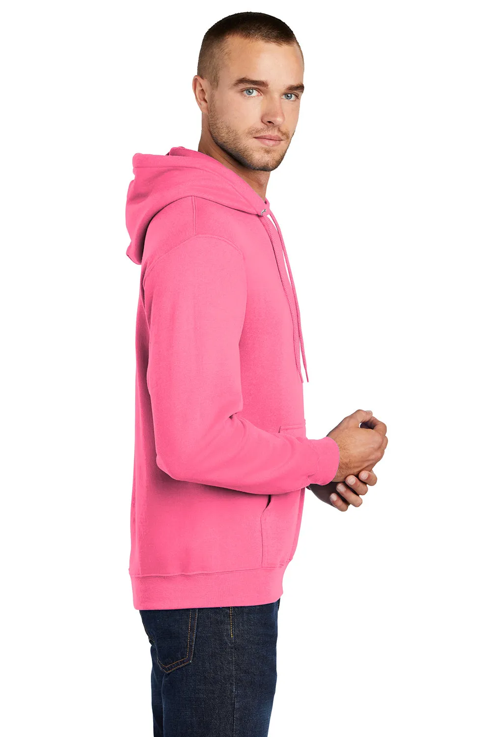 Port & Company Mens Core Pill Resistant Fleece Hooded Sweatshirt Hoodie w/ Pouch Pocket - Neon Pink