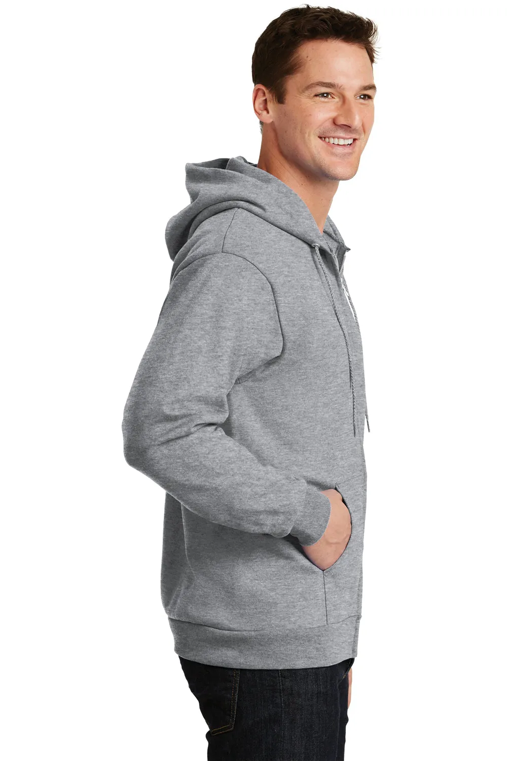 Port & Company Mens Essential Pill Resistant Fleece Full Zip Hooded Sweatshirt Hoodie w/ Pockets - Heather Grey