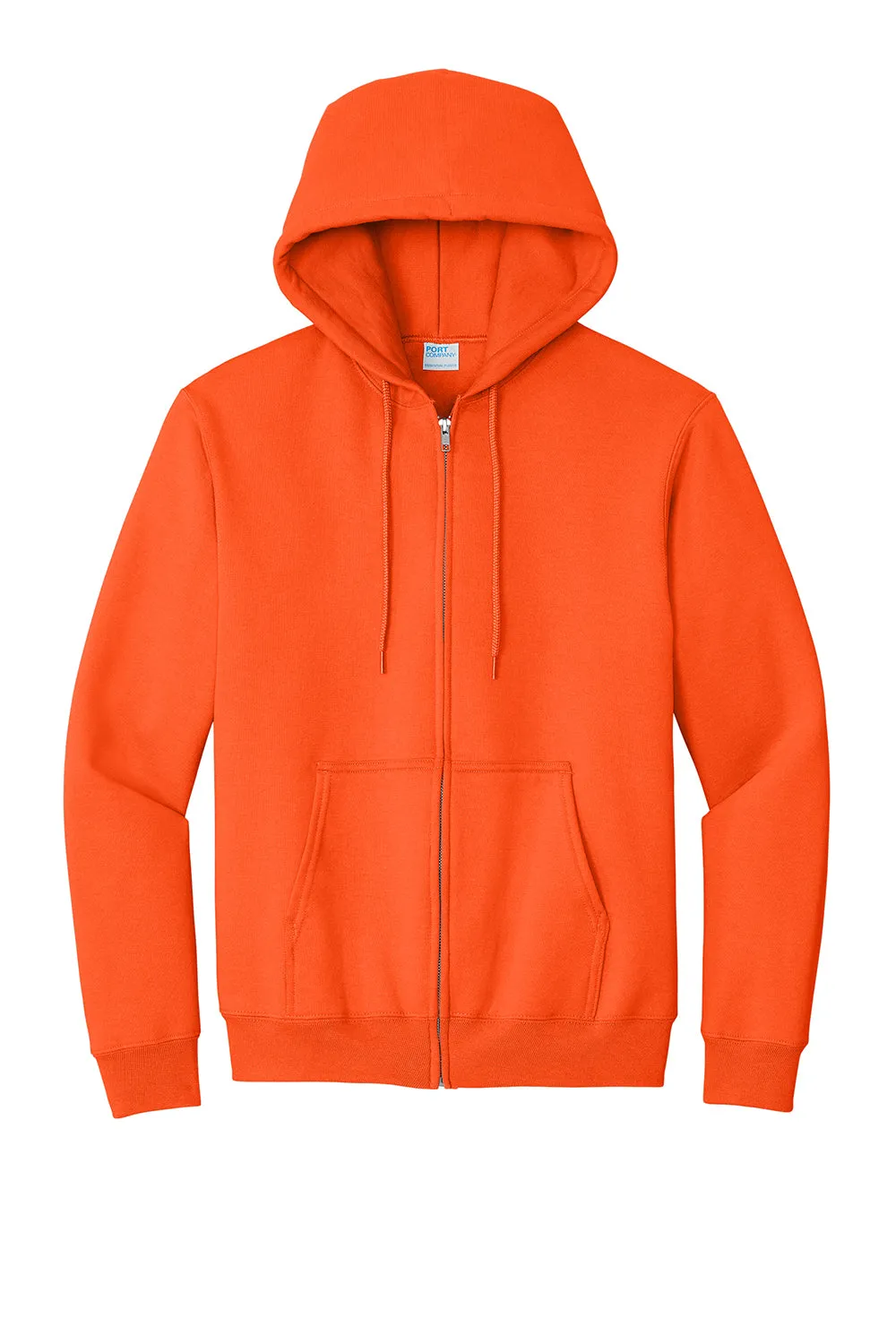 Port & Company Mens Essential Pill Resistant Fleece Full Zip Hooded Sweatshirt Hoodie w/ Pockets - Safety Orange