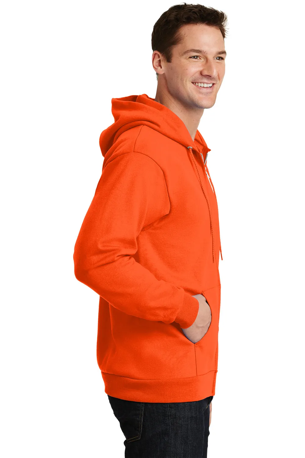 Port & Company Mens Essential Pill Resistant Fleece Full Zip Hooded Sweatshirt Hoodie w/ Pockets - Safety Orange