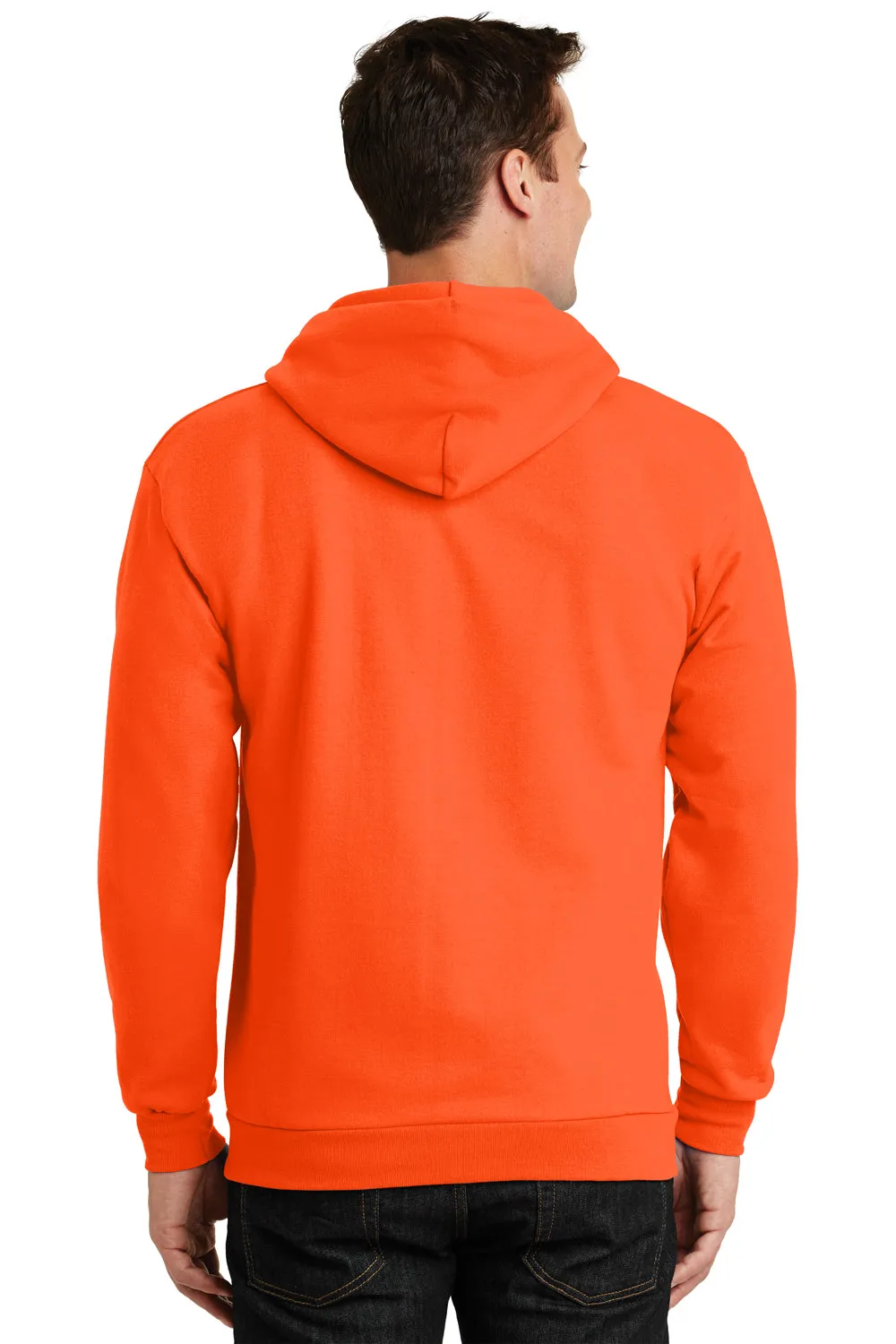 Port & Company Mens Essential Pill Resistant Fleece Full Zip Hooded Sweatshirt Hoodie w/ Pockets - Safety Orange