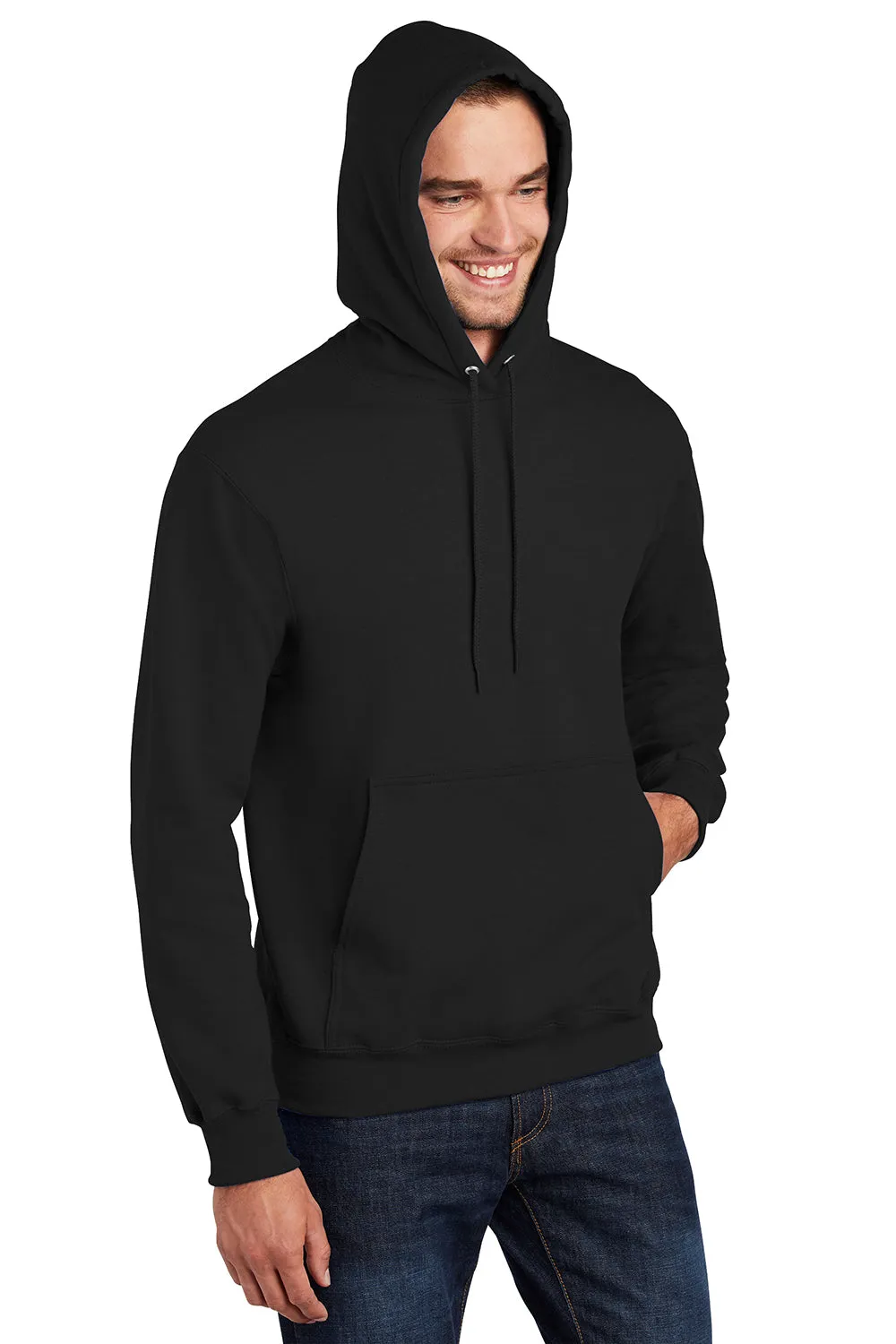 Port & Company Mens Essential Pill Resistant Fleece Hooded Sweatshirt Hoodie w/ Pouch Pocket - Jet Black