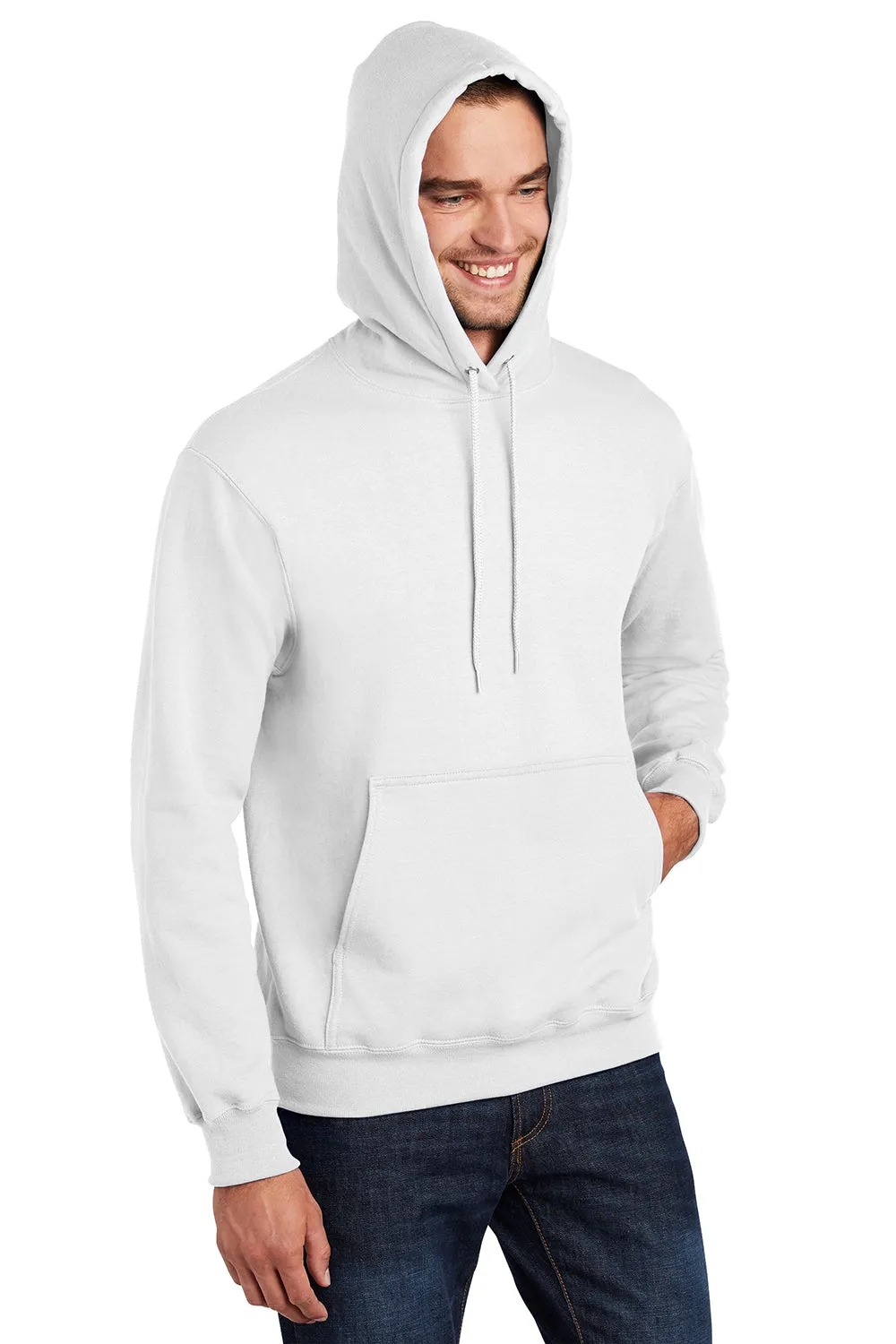 Port & Company Mens Essential Pill Resistant Fleece Hooded Sweatshirt Hoodie w/ Pouch Pocket - White