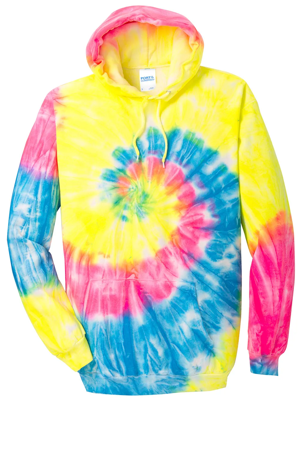 Port & Company Mens Tie-Dye Fleece Hooded Sweatshirt Hoodie w/ Pouch Pocket - Neon Rainbow