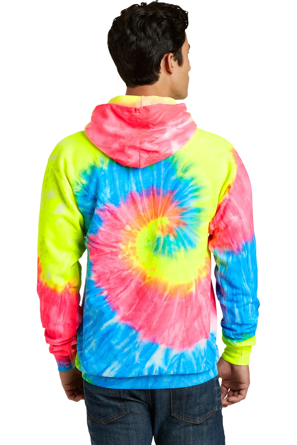Port & Company Mens Tie-Dye Fleece Hooded Sweatshirt Hoodie w/ Pouch Pocket - Neon Rainbow