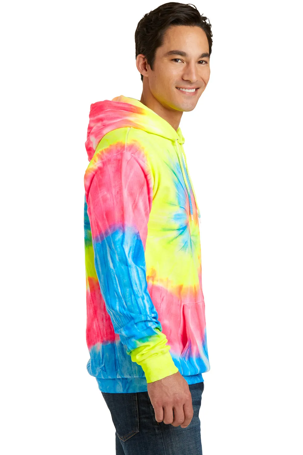 Port & Company Mens Tie-Dye Fleece Hooded Sweatshirt Hoodie w/ Pouch Pocket - Neon Rainbow
