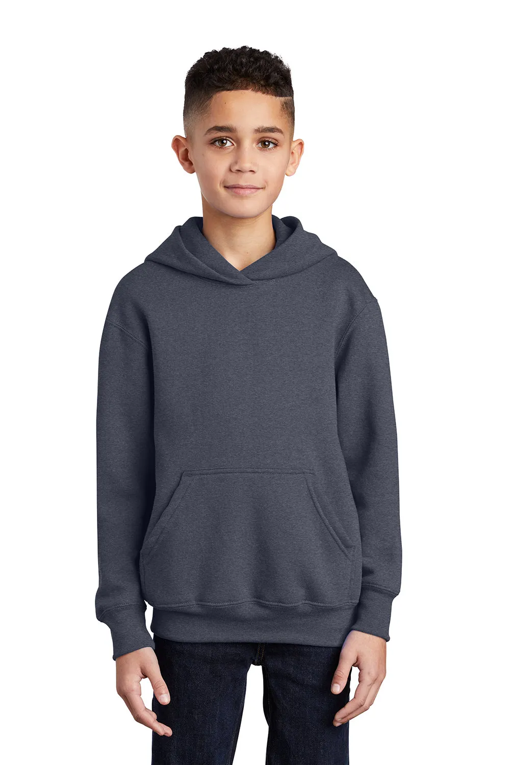 Port & Company Youth Core Pill Resistant Fleece Hooded Sweatshirt Hoodie w/ Pouch Pocket - Heather Navy Blue