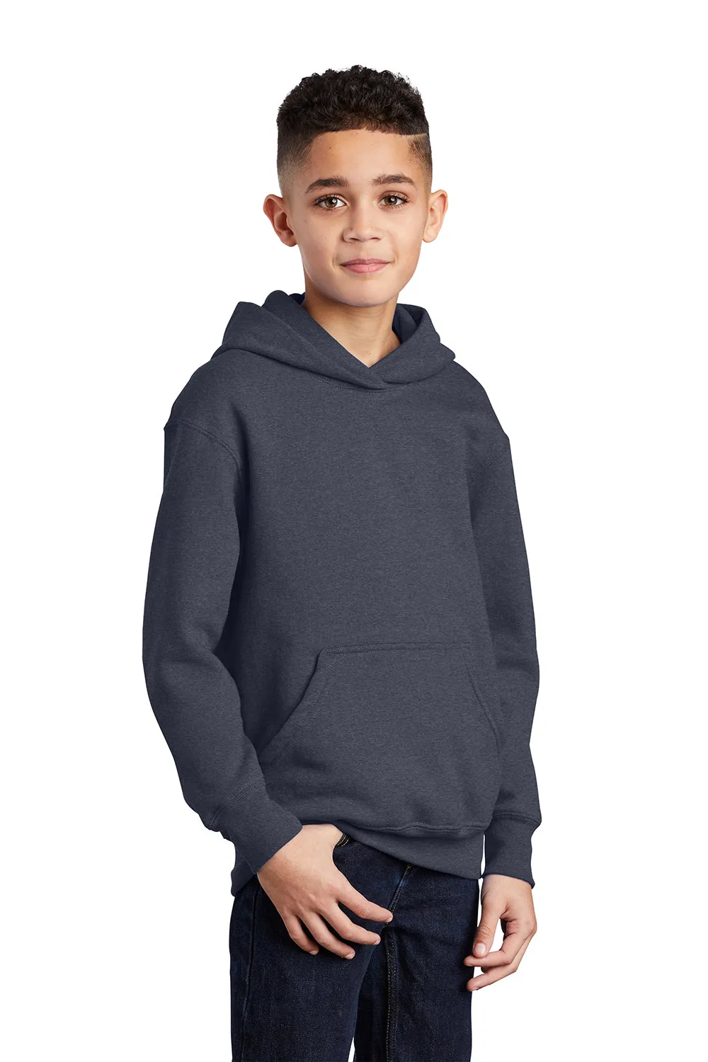 Port & Company Youth Core Pill Resistant Fleece Hooded Sweatshirt Hoodie w/ Pouch Pocket - Heather Navy Blue