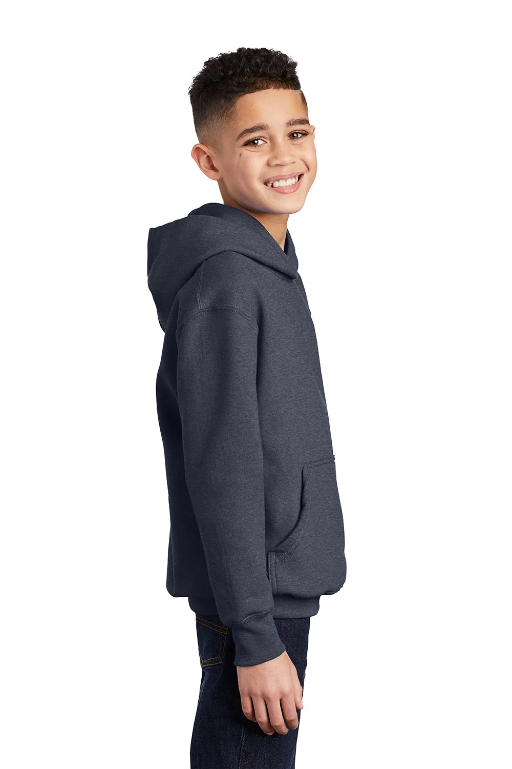 Port & Company Youth Core Pill Resistant Fleece Hooded Sweatshirt Hoodie w/ Pouch Pocket - Heather Navy Blue