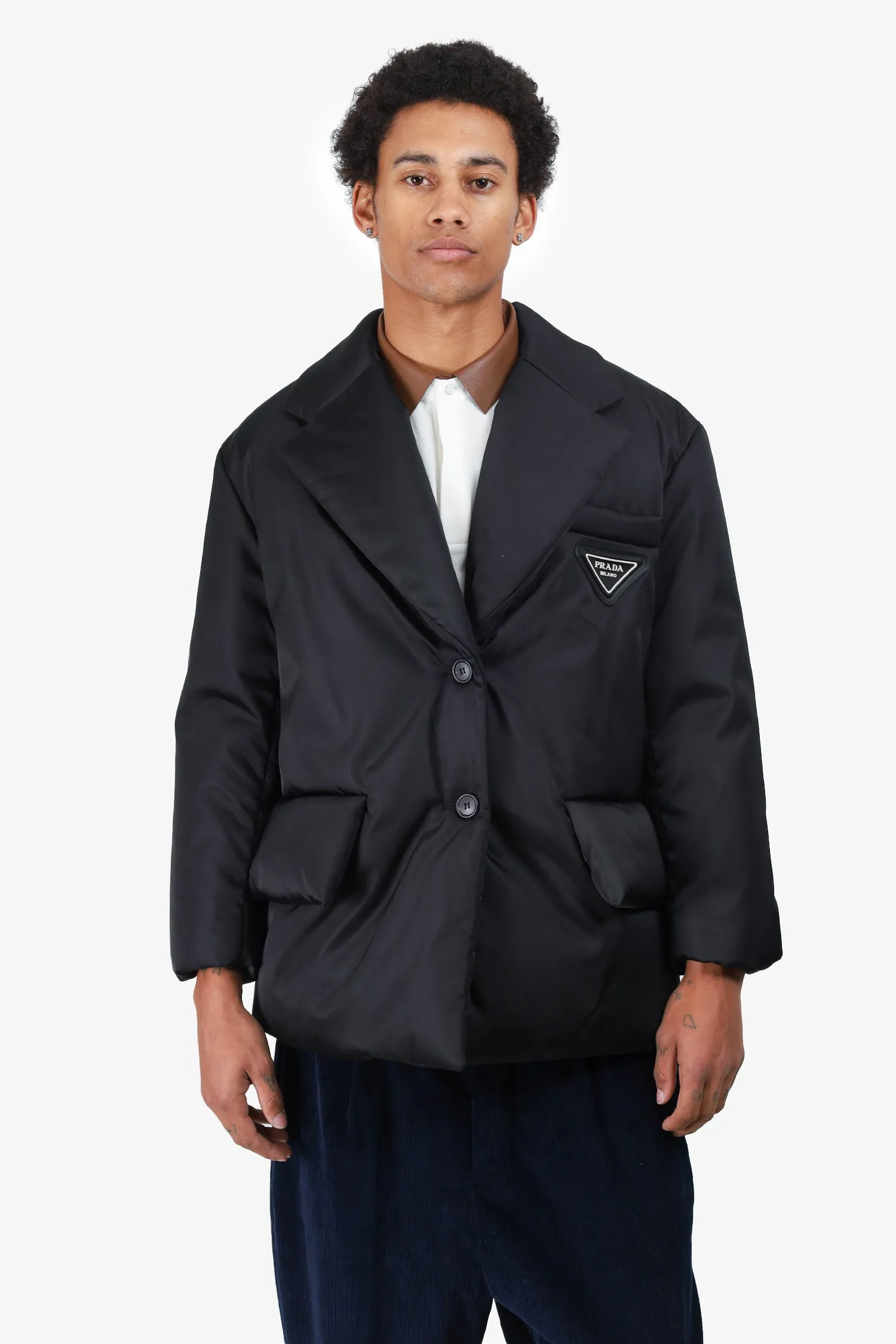 Prada Black Reissue Nylon Belted Puffer Blazer Jacket Size 38 Mens