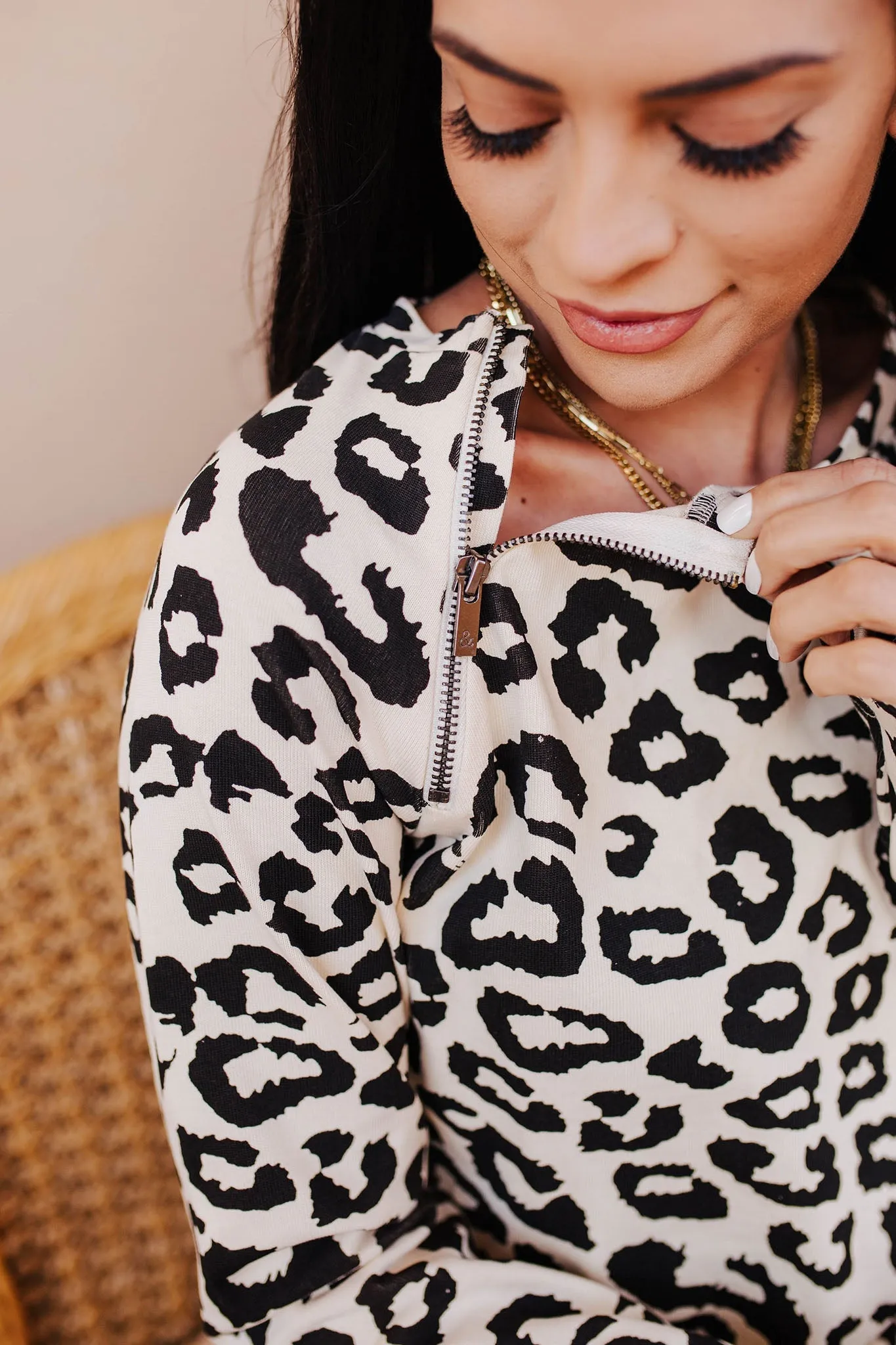 Pullover Sweatshirt - Cream Leopard SideZip