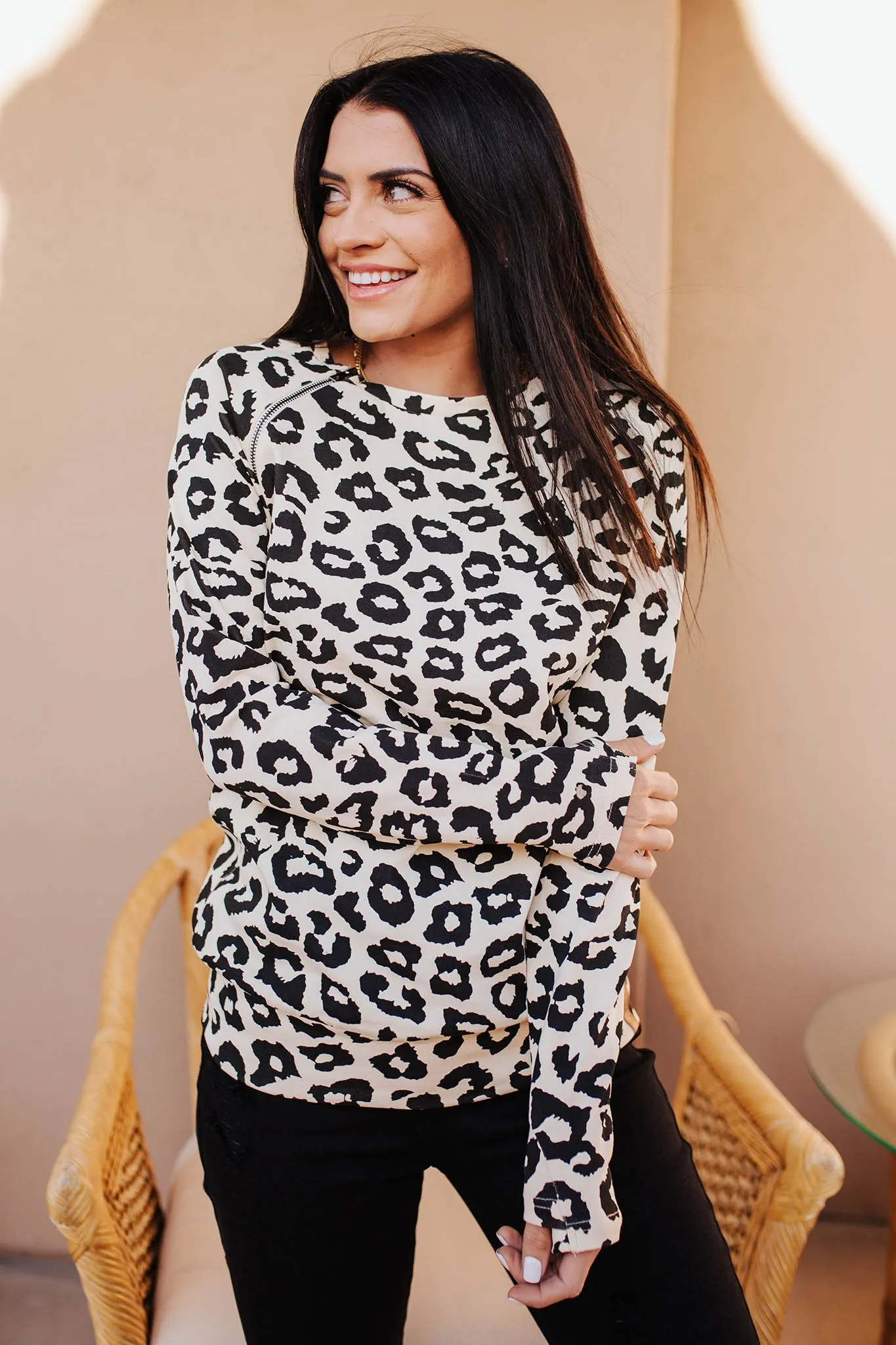 Pullover Sweatshirt - Cream Leopard SideZip
