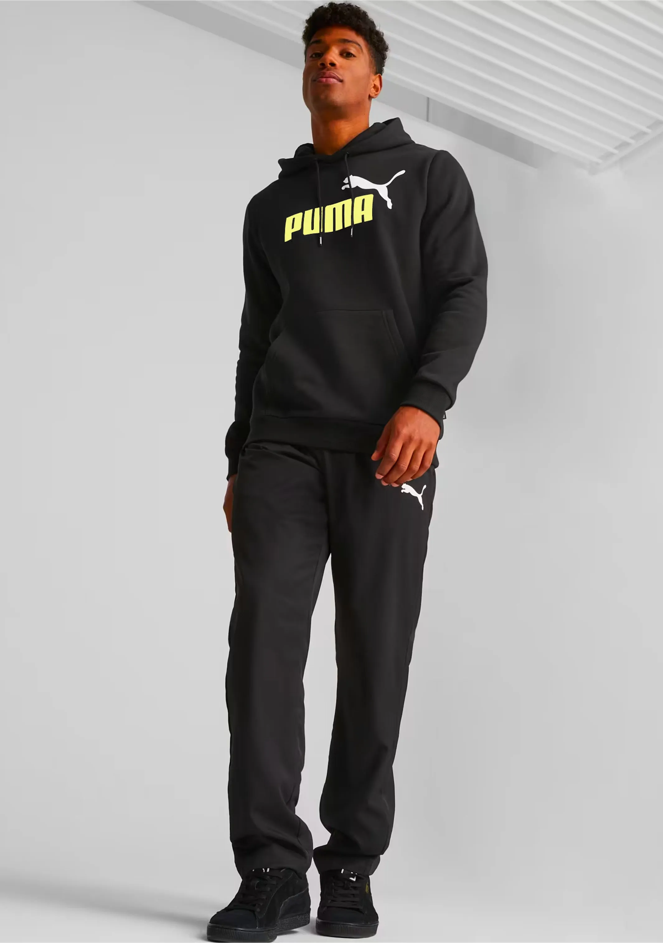 Puma Men's Essentials  Two-Tone Big Logo Hoodie Black Lime