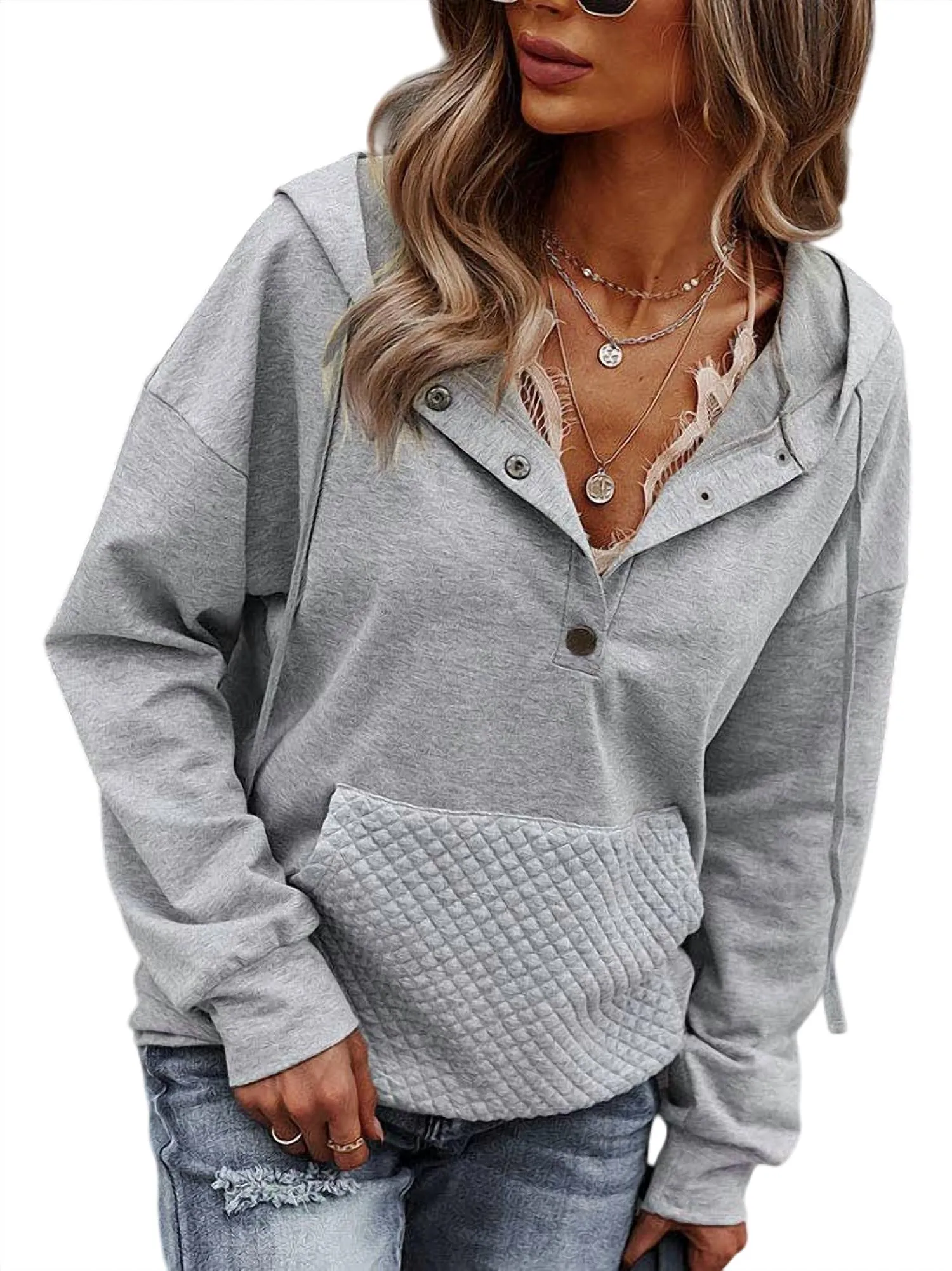 Quilted Pocket Hoodie In Gray