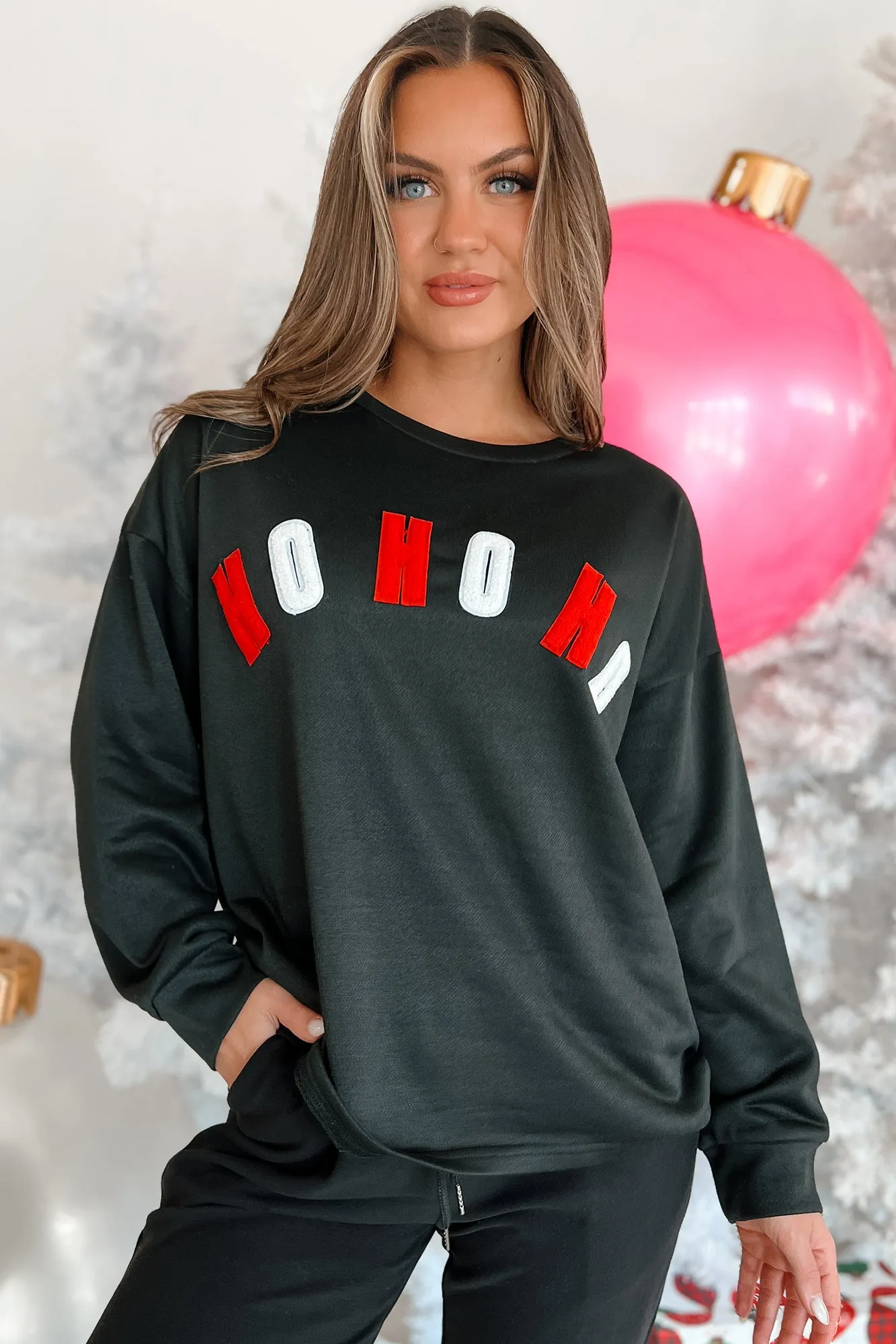 Santas Says Letter Patch Holiday Top (Black)