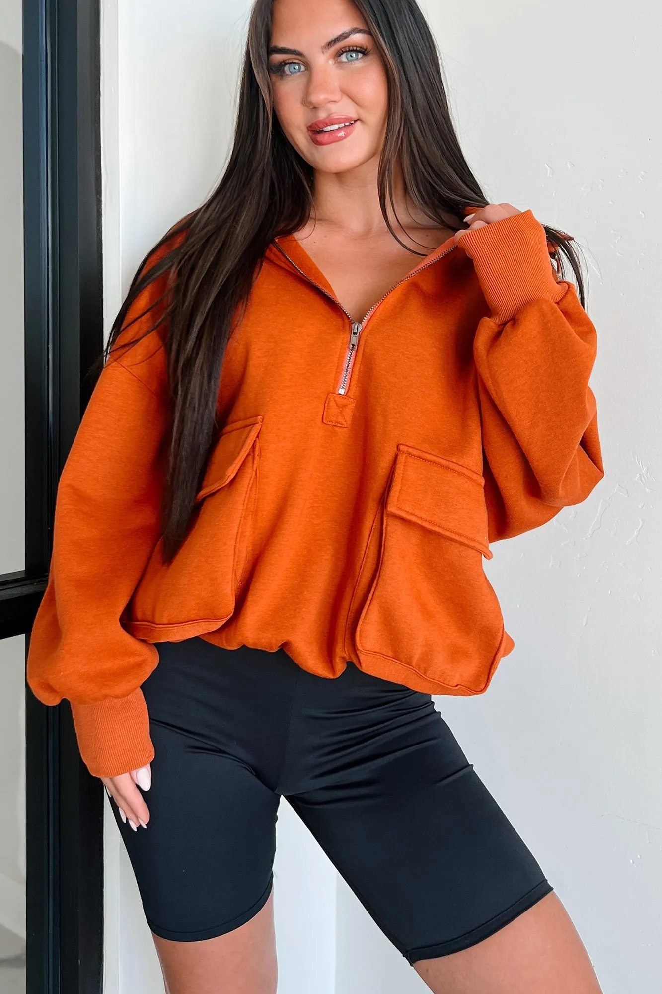 She's Cool Cargo Pocket Half-Zip Hoodie (Vintage Rust)