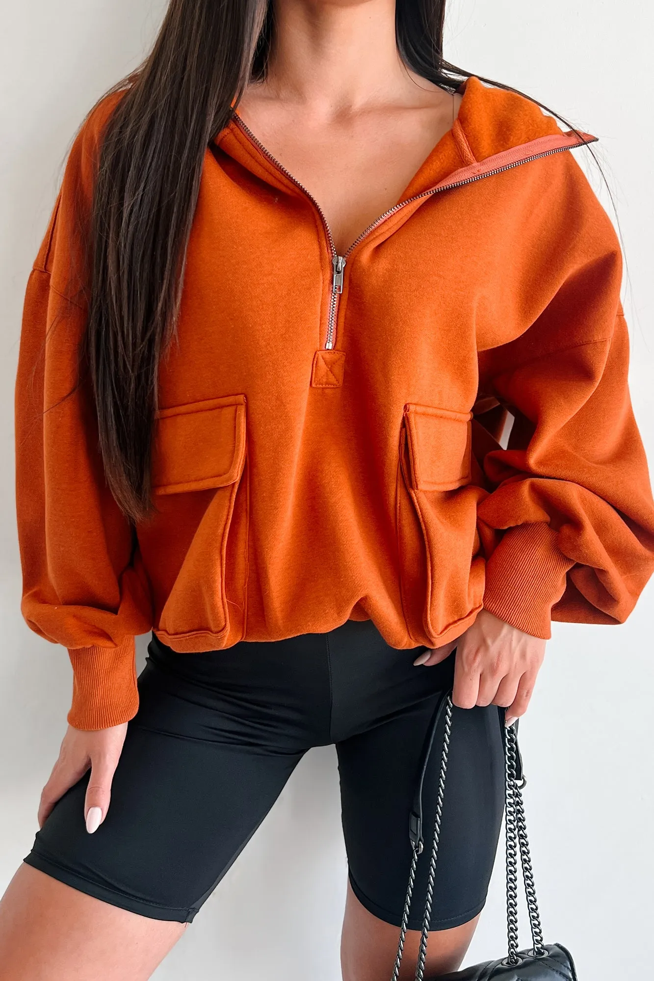 She's Cool Cargo Pocket Half-Zip Hoodie (Vintage Rust)