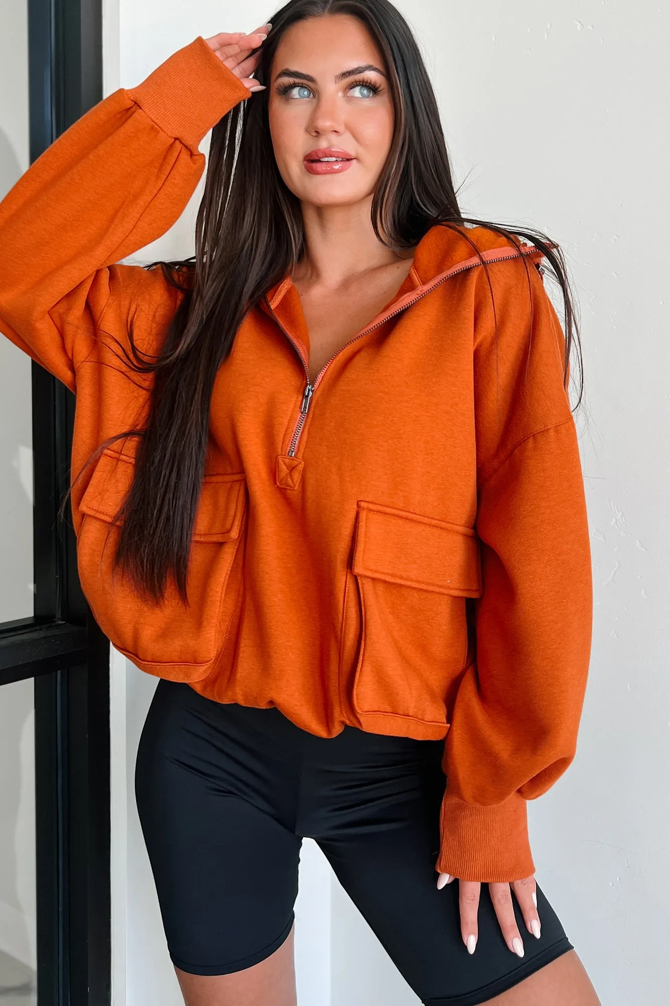 She's Cool Cargo Pocket Half-Zip Hoodie (Vintage Rust)