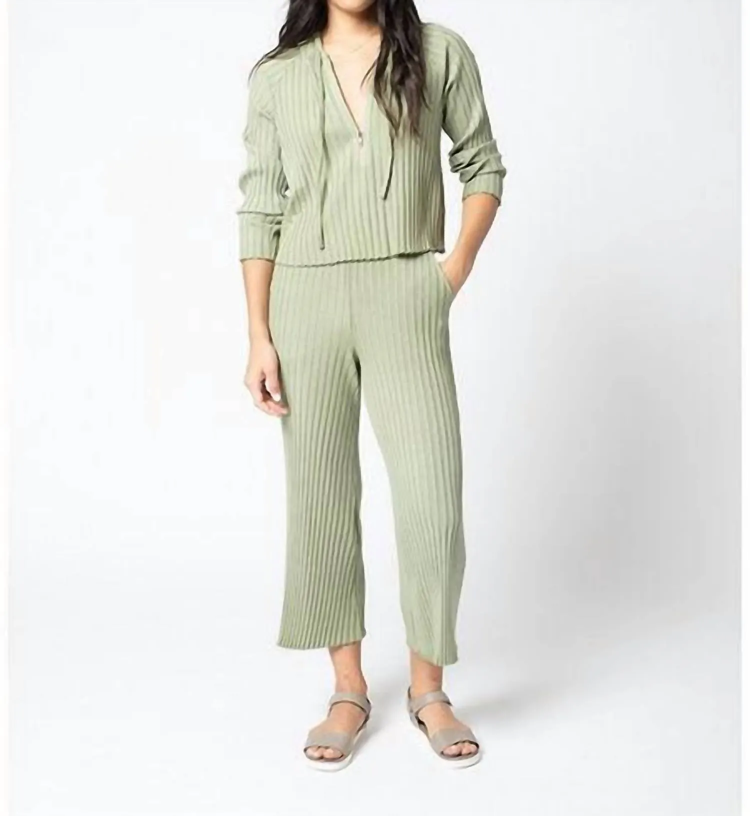 Siro Rib Half Zip Hoodie In Green Tea