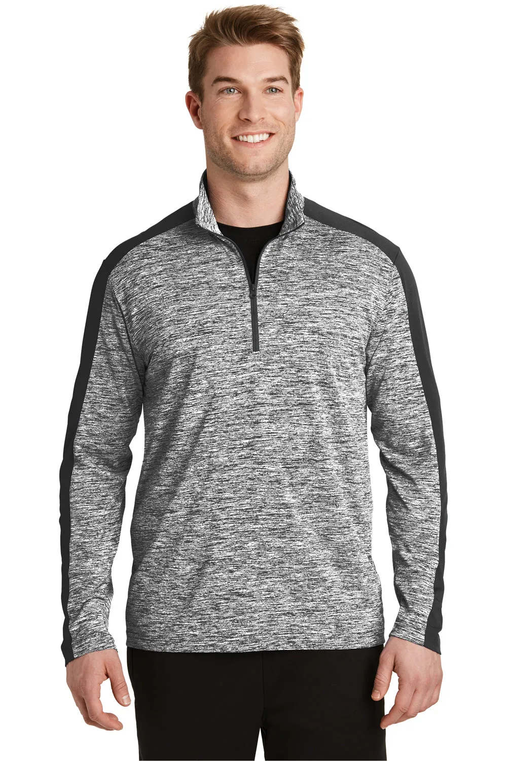 Sport-Tek Mens Electric Heather Moisture Wicking 1/4 Zip Sweatshirt - Black Electric/Black