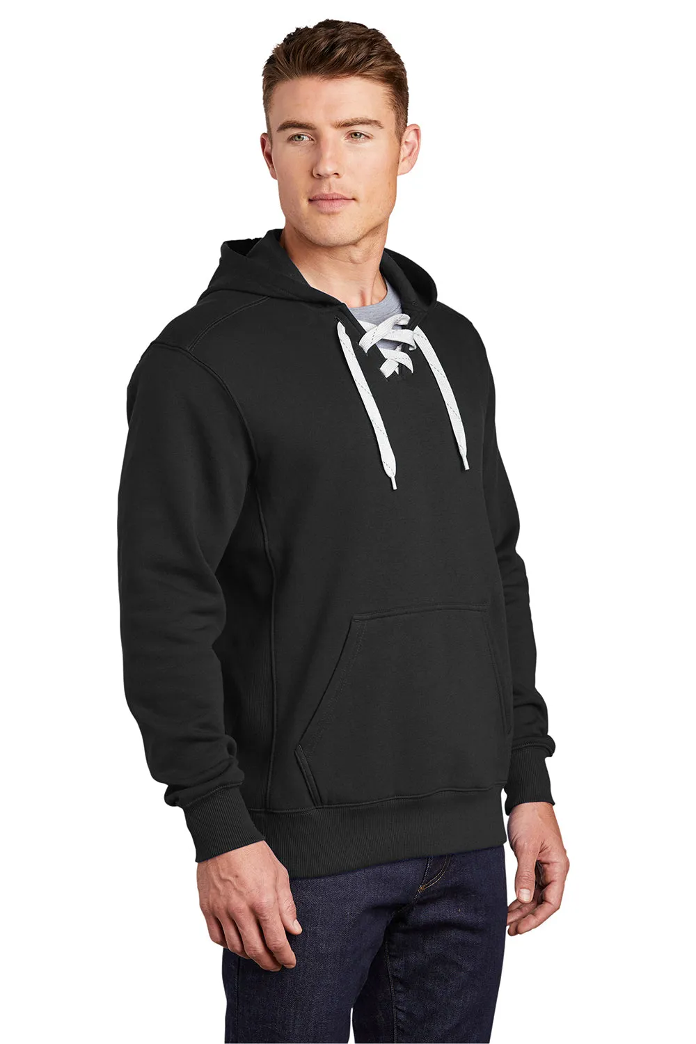 Sport-Tek Mens Lace Up Fleece Hooded Sweatshirt Hoodie w/ Pouch Pocket - Black