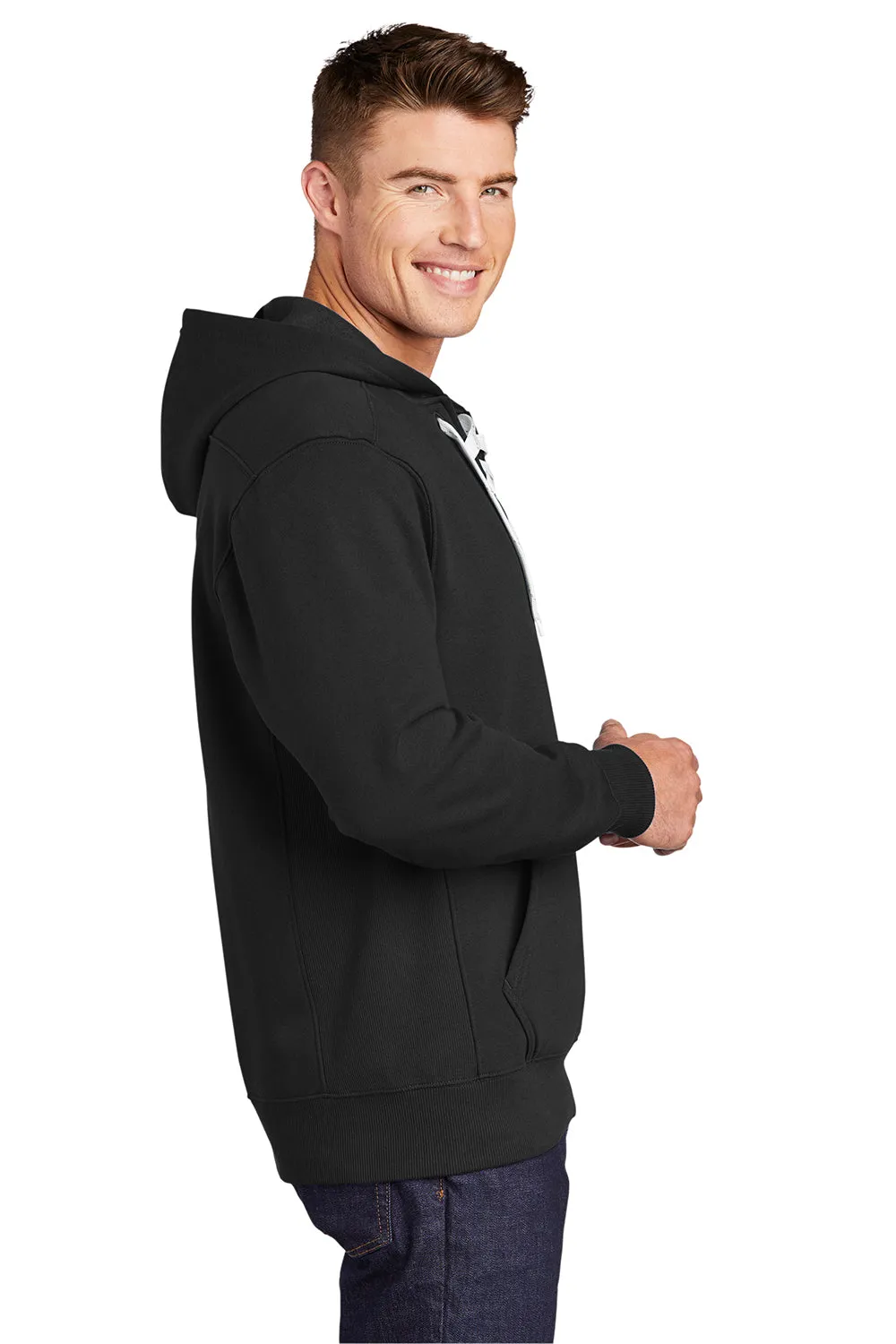 Sport-Tek Mens Lace Up Fleece Hooded Sweatshirt Hoodie w/ Pouch Pocket - Black