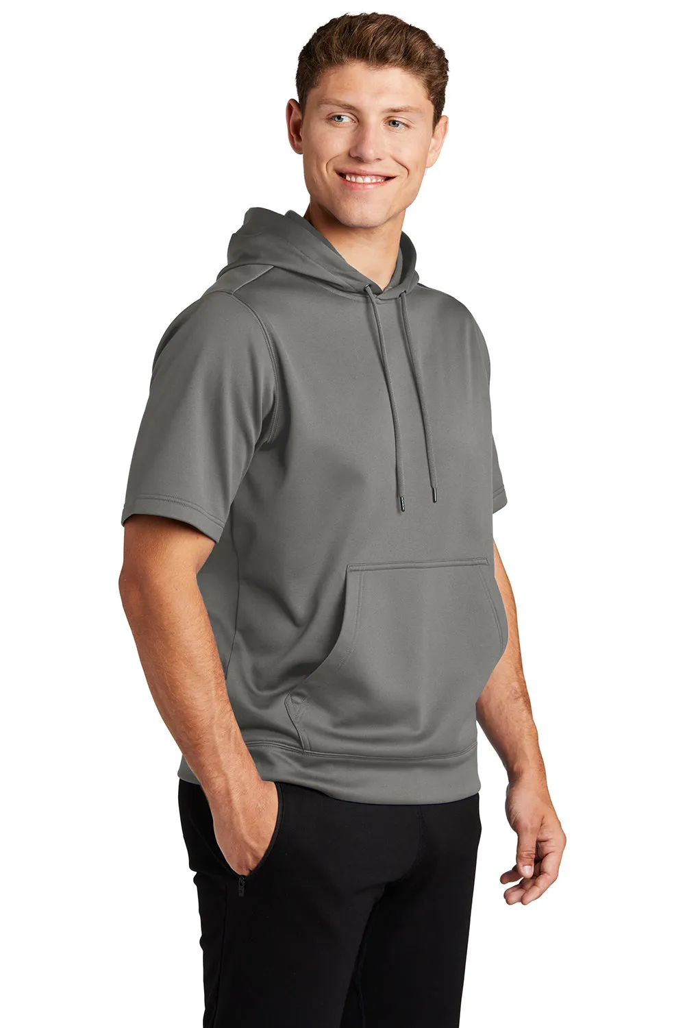 Sport-Tek Mens Moisture Wicking Fleece Short Sleeve Hooded Sweatshirt Hoodie w/ Pouch Pocket - Dark Smoke Grey