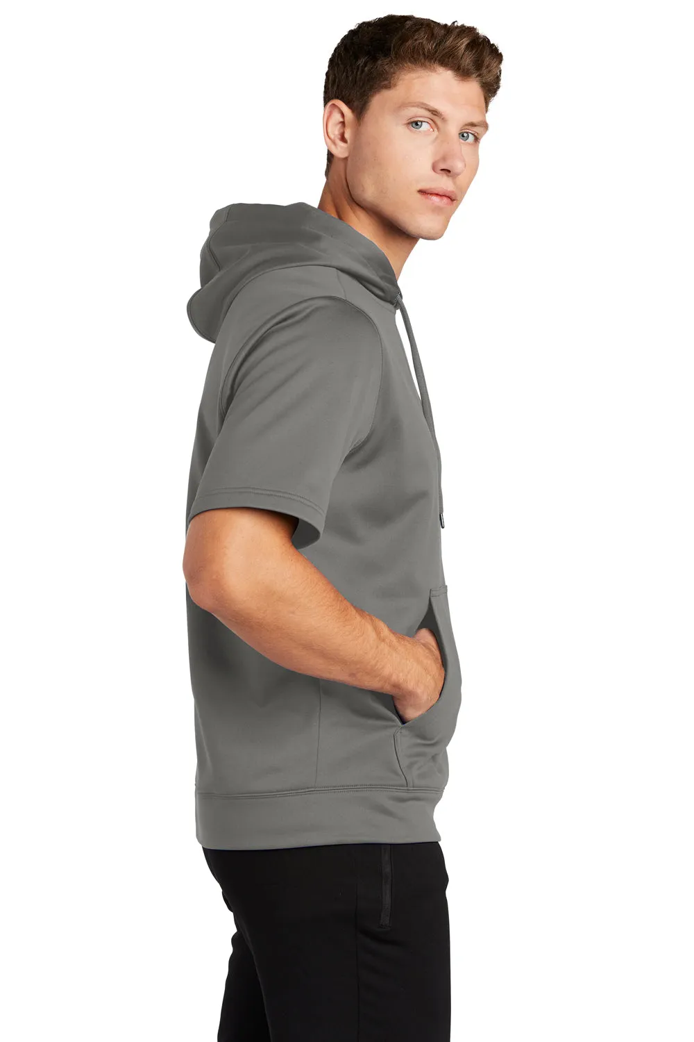 Sport-Tek Mens Moisture Wicking Fleece Short Sleeve Hooded Sweatshirt Hoodie w/ Pouch Pocket - Dark Smoke Grey