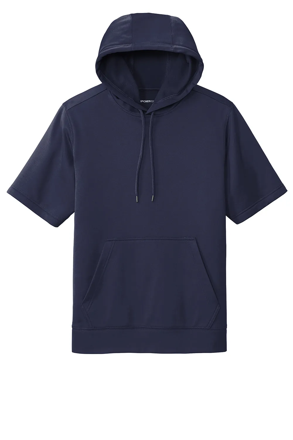 Sport-Tek Mens Moisture Wicking Fleece Short Sleeve Hooded Sweatshirt Hoodie w/ Pouch Pocket - Navy Blue