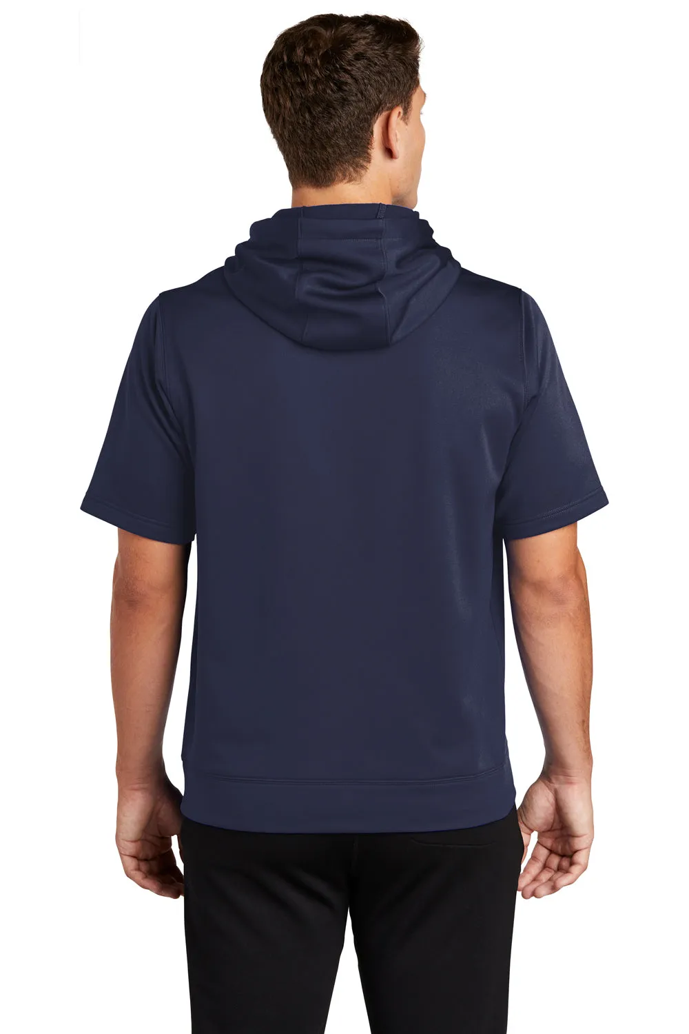 Sport-Tek Mens Moisture Wicking Fleece Short Sleeve Hooded Sweatshirt Hoodie w/ Pouch Pocket - Navy Blue